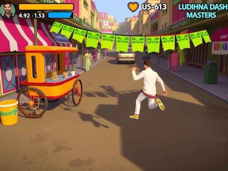 Ludhiana Dash Masters - Gameplay Action Ludhiana Dash Masters gameplay showing a player jumping over a street food cart and sliding under a hanging clothesline in Chaura Bazaar